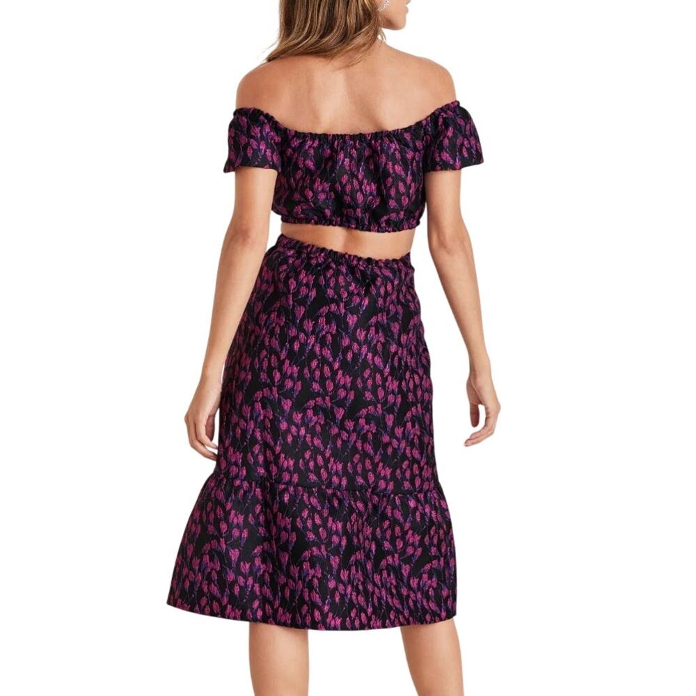Venus Jacquard Print Metallic Open Back Off the Shoulder Midi Cocktail Dress - Picture 2 of 12